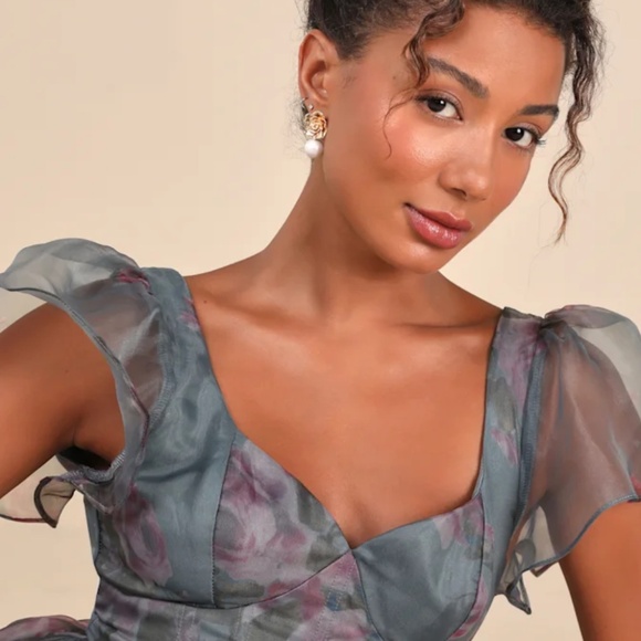 Lulus Mesmerizing Mood Slate Floral Organza Ruffled A-line Midi Dress Grey - Picture 4 of 5